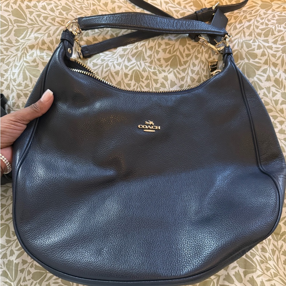 Coach Navy Leather Hobo Bag with Gold Accents